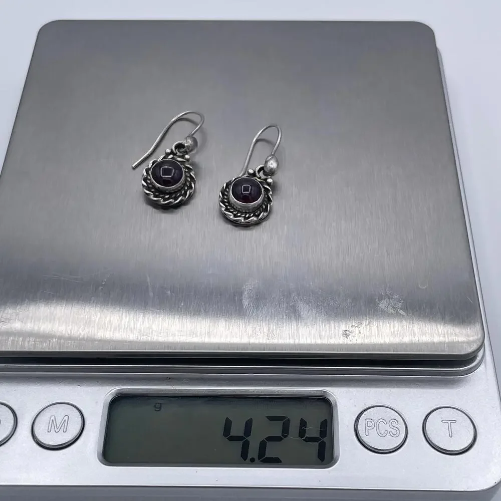 Vintage Sterling Silver Rhodolite Garnet Cabochon Drop Earrings 925 Artisan